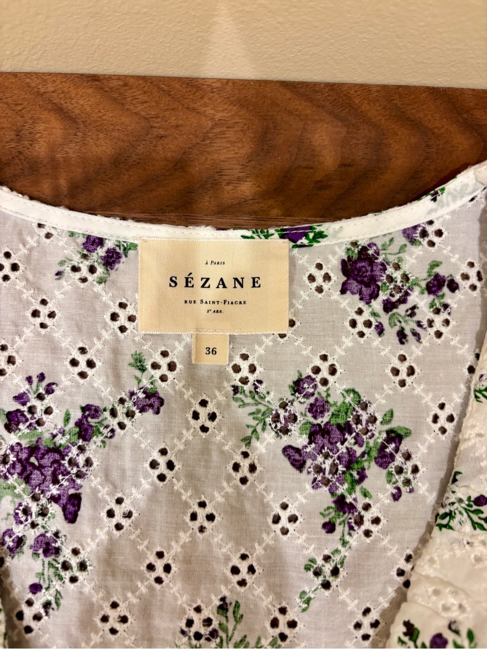 Sezane Broderie Floral Eyelet Button-Front Top - White with Purple & Green